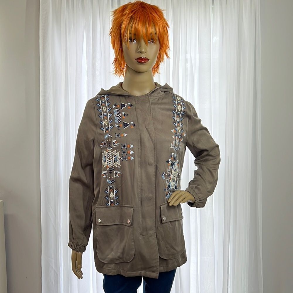 Miss Me Hooded Shirt Jacket with Embroidery and Embellishment Size Small